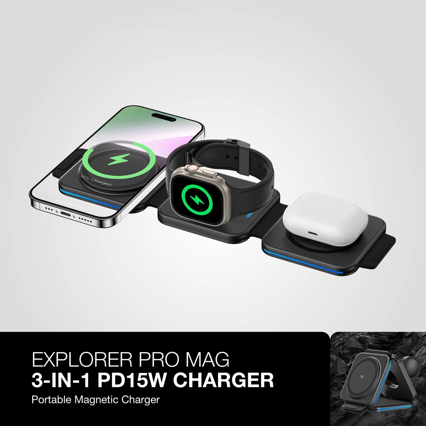 AMAZING THING EXPLORER PRO 3IN1 PD 15W PORTABLE WIRELESS CHARGER WITH 1.2M USB-C TO USB-C CABLE