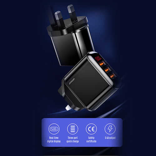 JOYROOM Leijing Series 3.4A Smart Digital Display Travel Charger - 3USB UK - BLACK