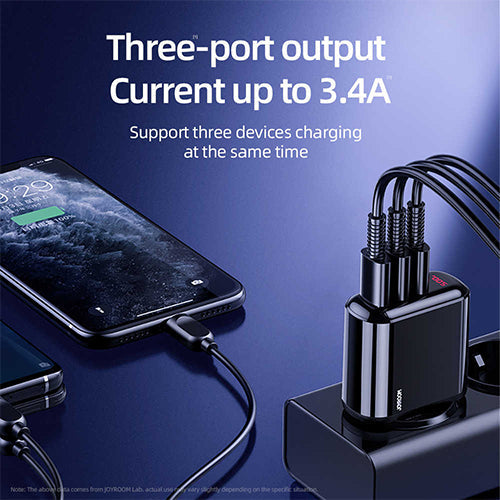 JOYROOM Leijing Series 3.4A Smart Digital Display Travel Charger - 3USB UK - BLACK