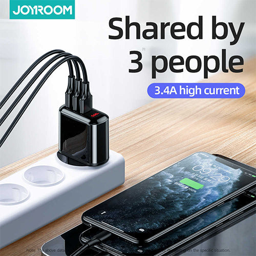 JOYROOM Leijing Series 3.4A Smart Digital Display Travel Charger - 3USB UK - BLACK