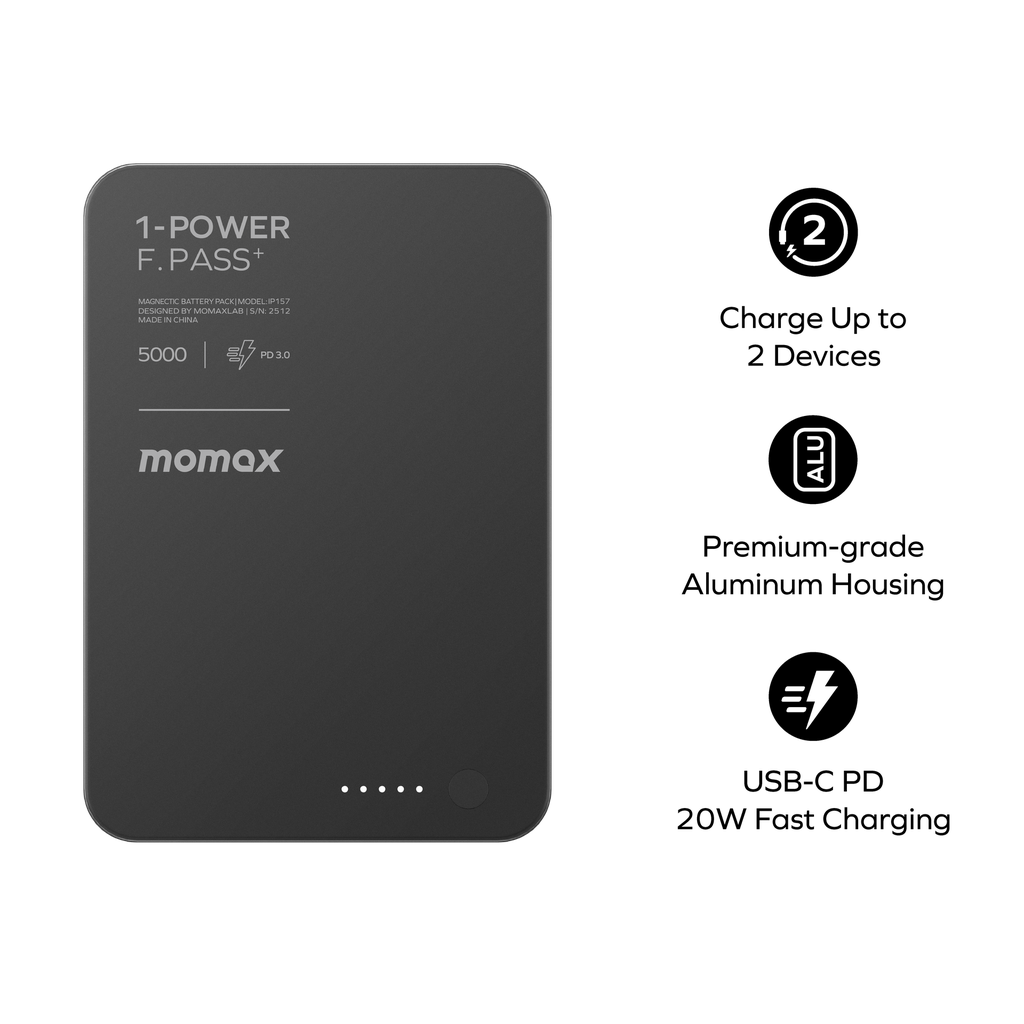 Momax 1-power F.pass+ 5000mah Power Bank With Built-in Cable & Magnetic Attachment