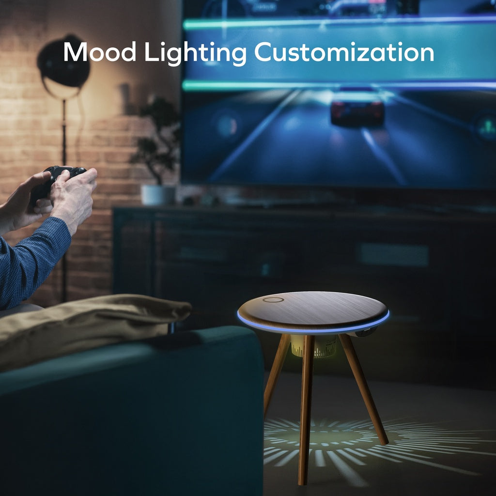 MOMAX CYMBAL COFFEE TABLE WITH LIGHTING EFFECTS , MAGNETIC CHARGING & WIRELESS SPEAKER
