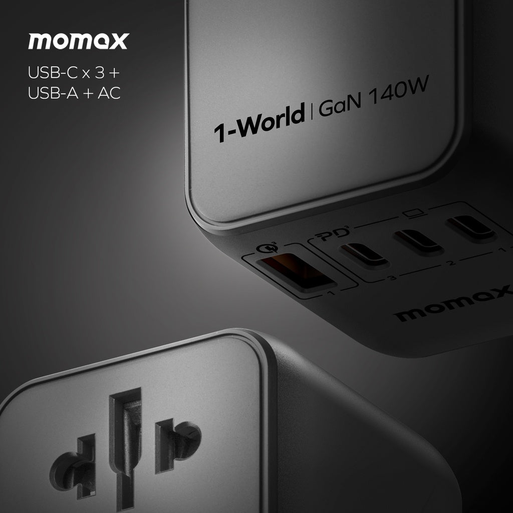 MOMAX 1-WORLD 140W GAN 4 PORTS AC TRAVEL ADAPTER INCLUDING 140W USB-C TO USB-C CABLE