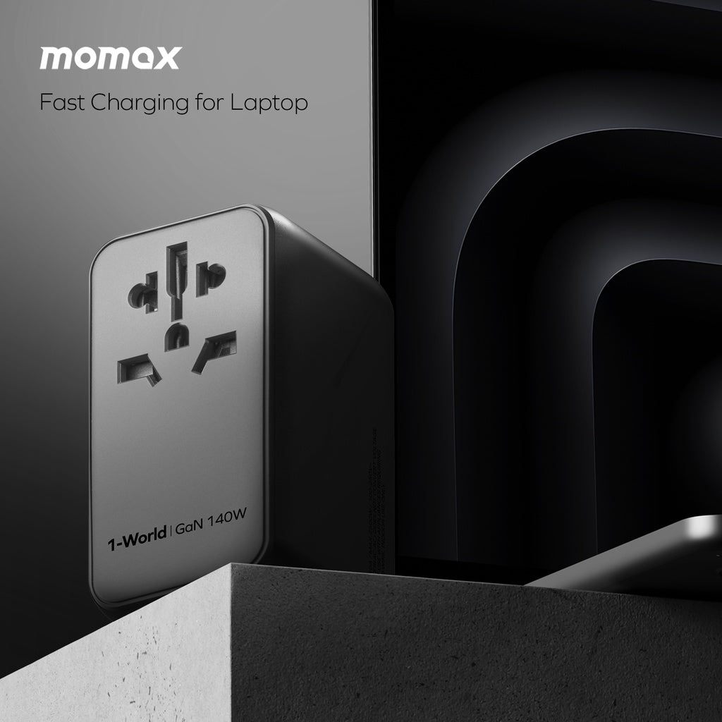MOMAX 1-WORLD 140W GAN 4 PORTS AC TRAVEL ADAPTER INCLUDING 140W USB-C TO USB-C CABLE