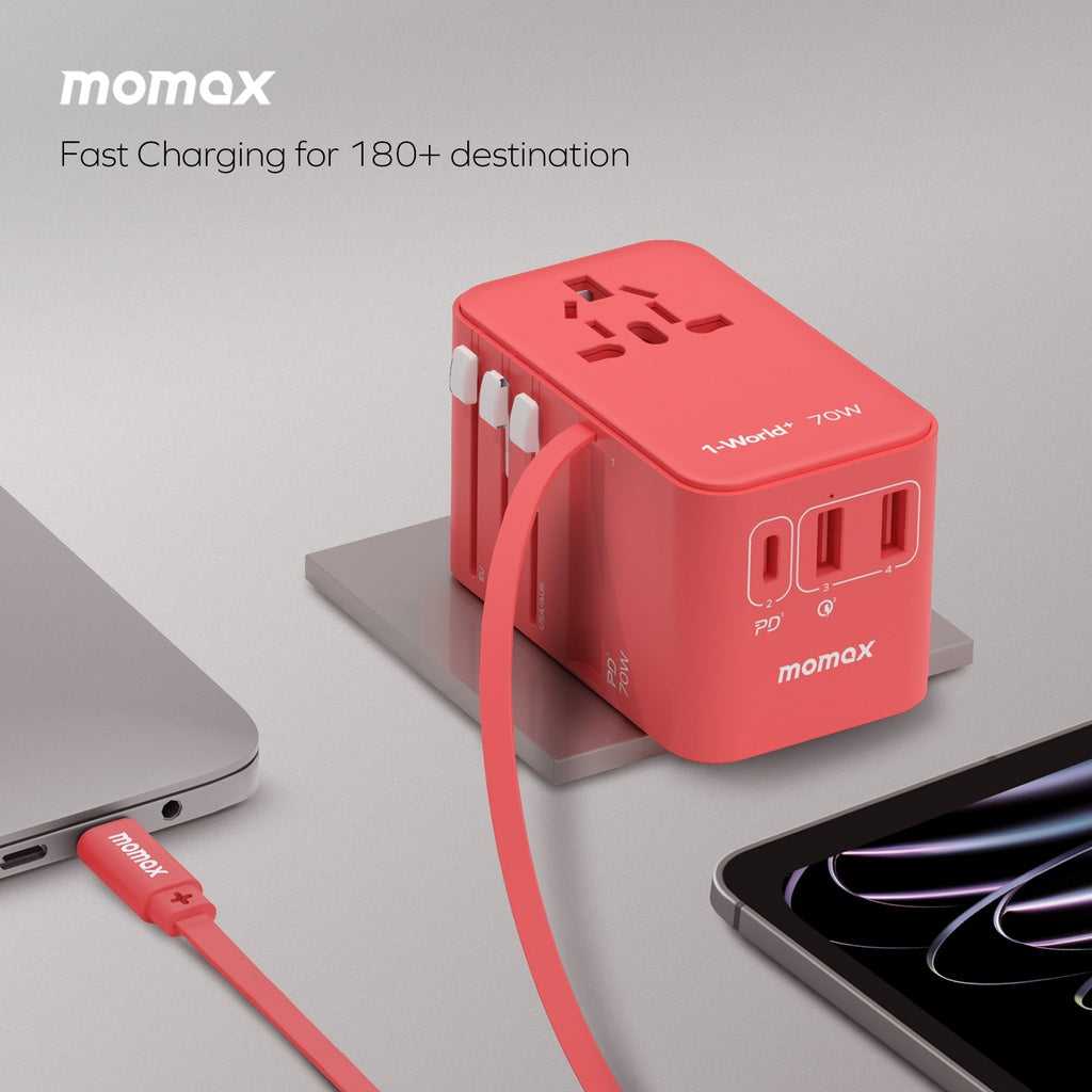 MOMAX 1-WORLD 70W GAN 3 PORT WITH BUILT-IN USB-C CABLE AC TRAVEL ADAPTOR