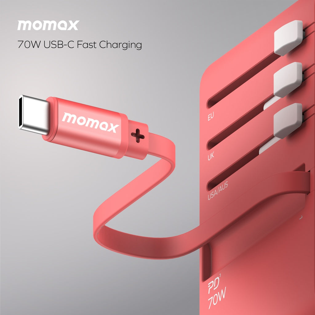 MOMAX 1-WORLD 70W GAN 3 PORT WITH BUILT-IN USB-C CABLE AC TRAVEL ADAPTOR