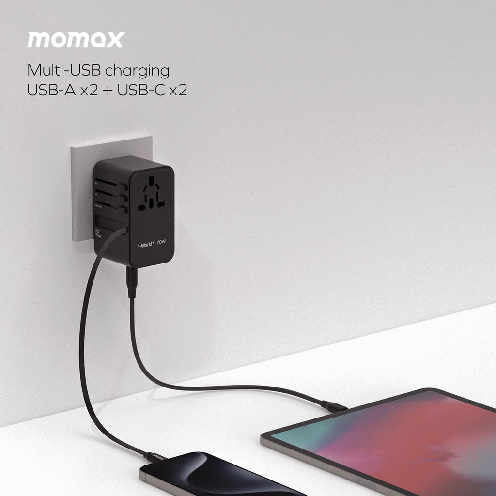 MOMAX 1-WORLD 70W GAN 3 PORT WITH BUILT-IN USB-C CABLE AC TRAVEL ADAPTOR