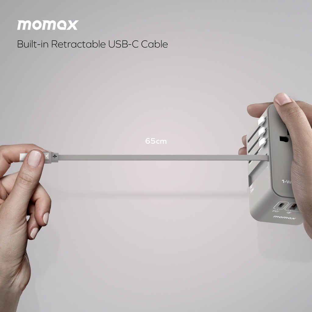 MOMAX 1-WORLD 70W GAN 3 PORT WITH BUILT-IN USB-C CABLE AC TRAVEL ADAPTOR