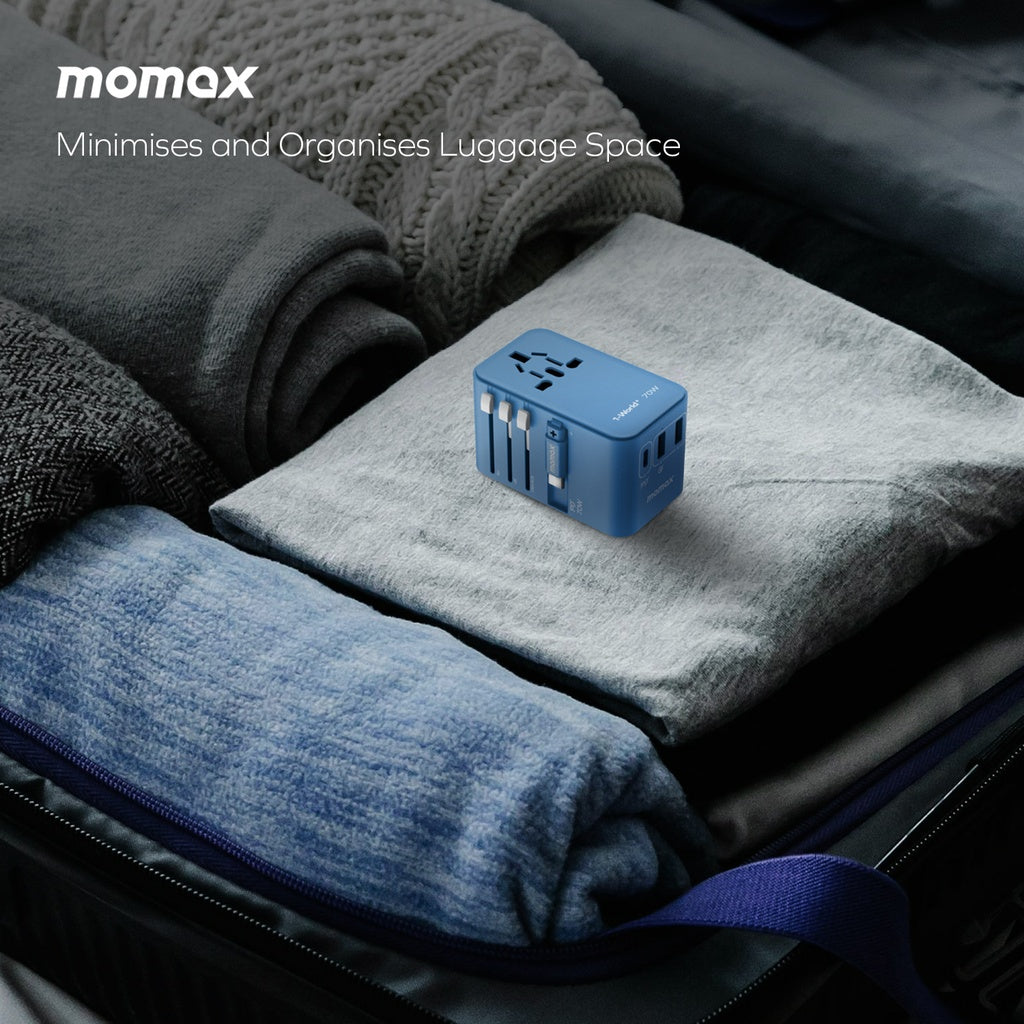 MOMAX 1-WORLD 70W GAN 3 PORT WITH BUILT-IN USB-C CABLE AC TRAVEL ADAPTOR