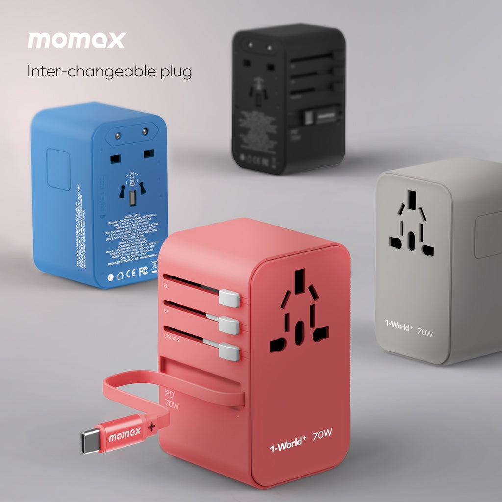 MOMAX 1-WORLD 70W GAN 3 PORT WITH BUILT-IN USB-C CABLE AC TRAVEL ADAPTOR