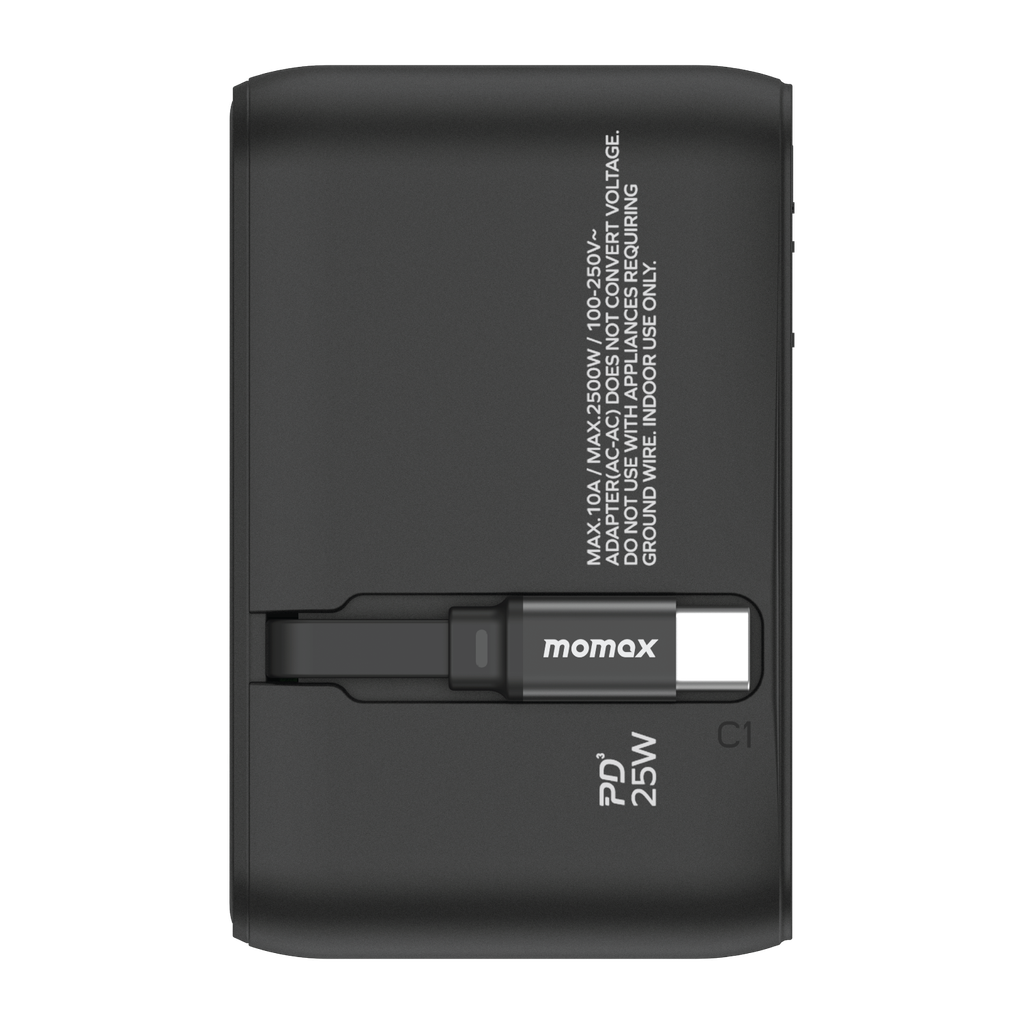 MOMAX 1-WORLD 25W 3 PORT WITH BUILT-IN USB-C CABLE AC TRAVEL ADAPTOR