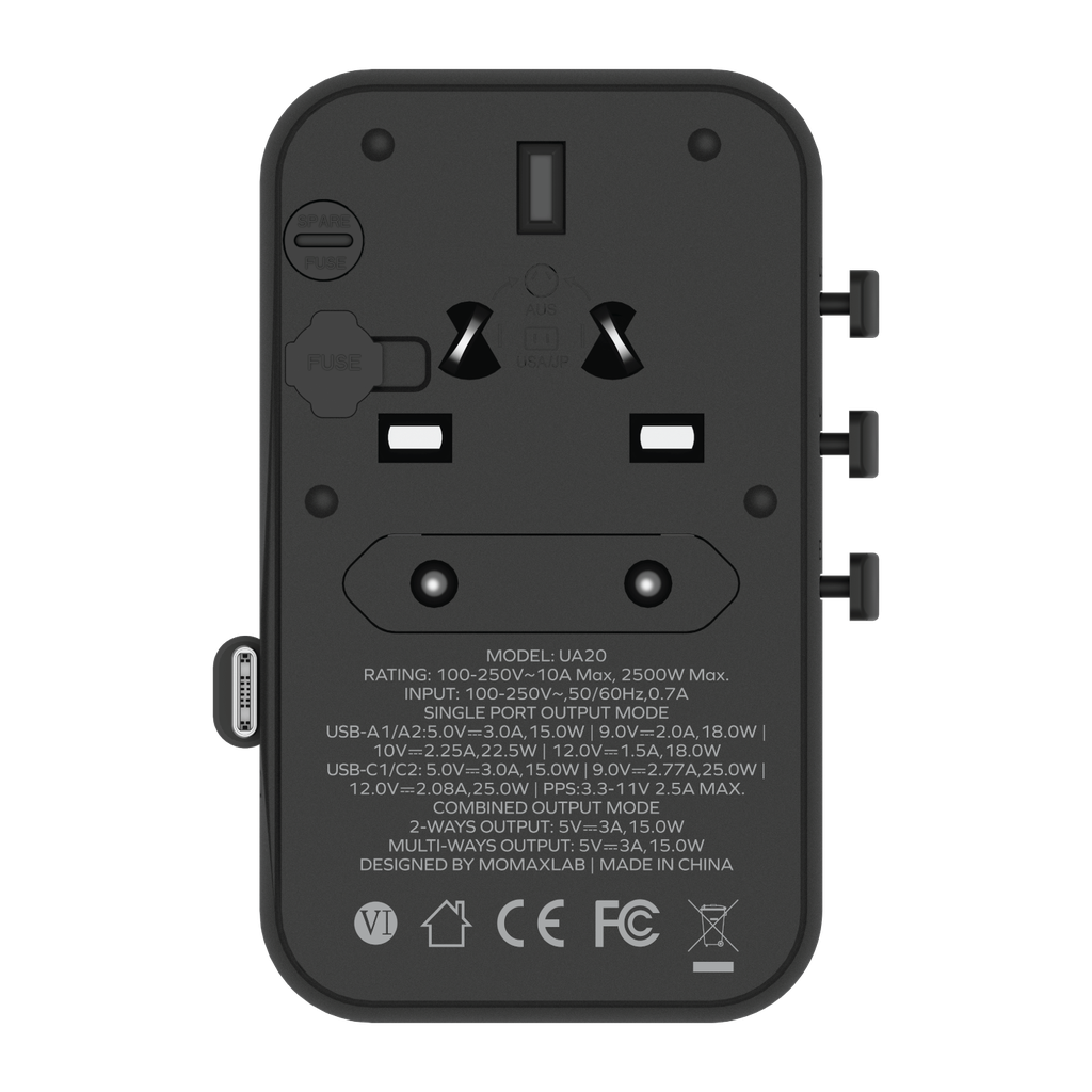 MOMAX 1-WORLD 25W 3 PORT WITH BUILT-IN USB-C CABLE AC TRAVEL ADAPTOR