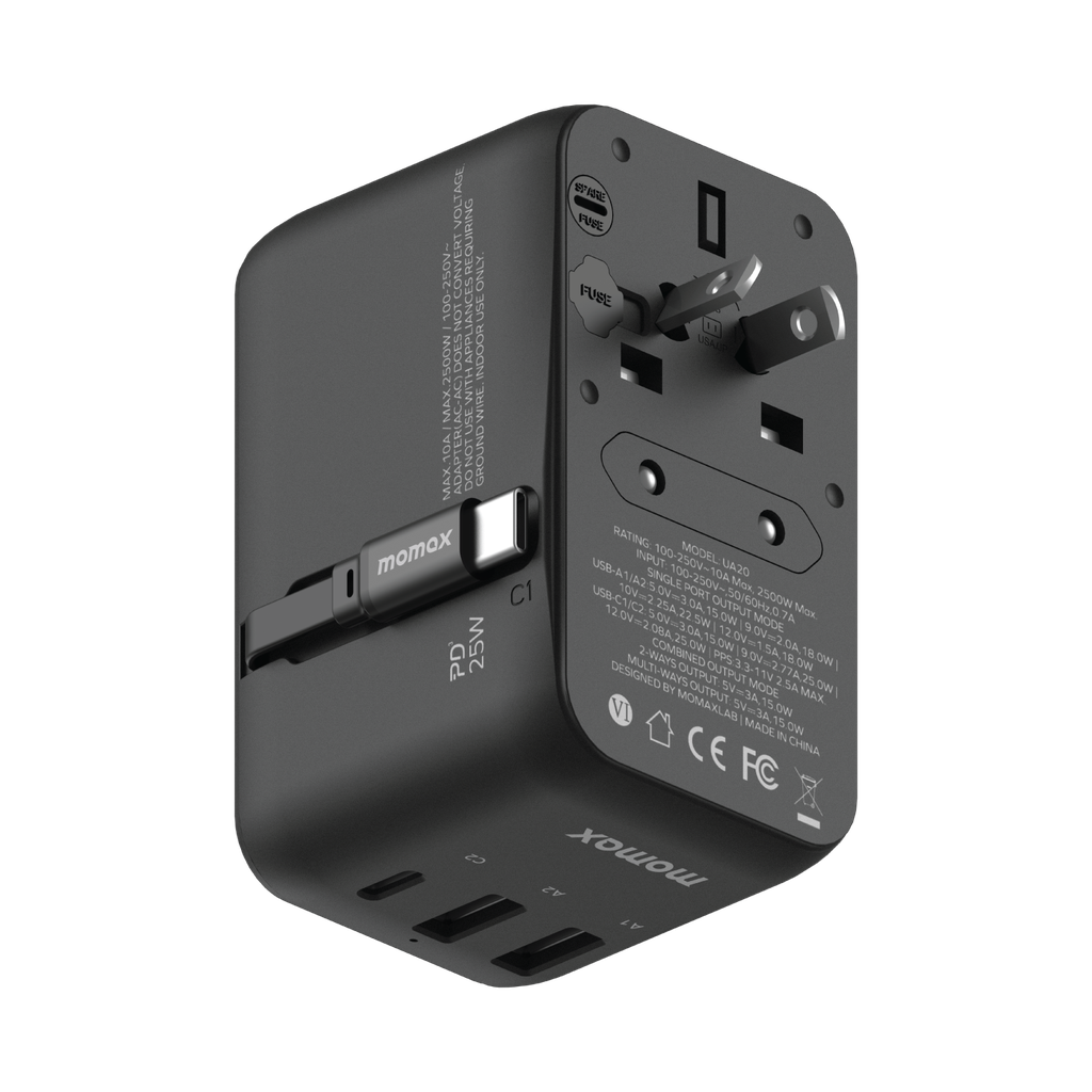 MOMAX 1-WORLD 25W 3 PORT WITH BUILT-IN USB-C CABLE AC TRAVEL ADAPTOR