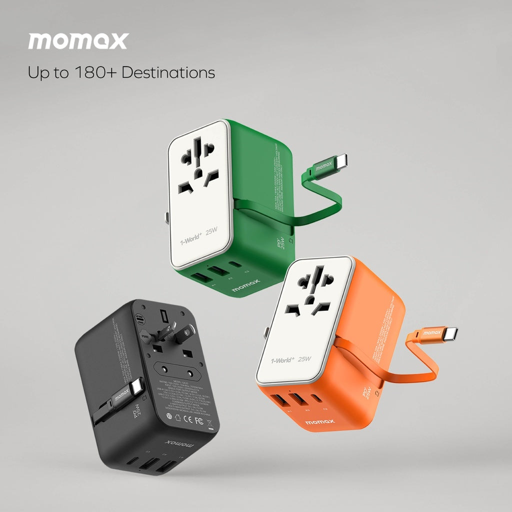 MOMAX 1-WORLD 25W 3 PORT WITH BUILT-IN USB-C CABLE AC TRAVEL ADAPTOR