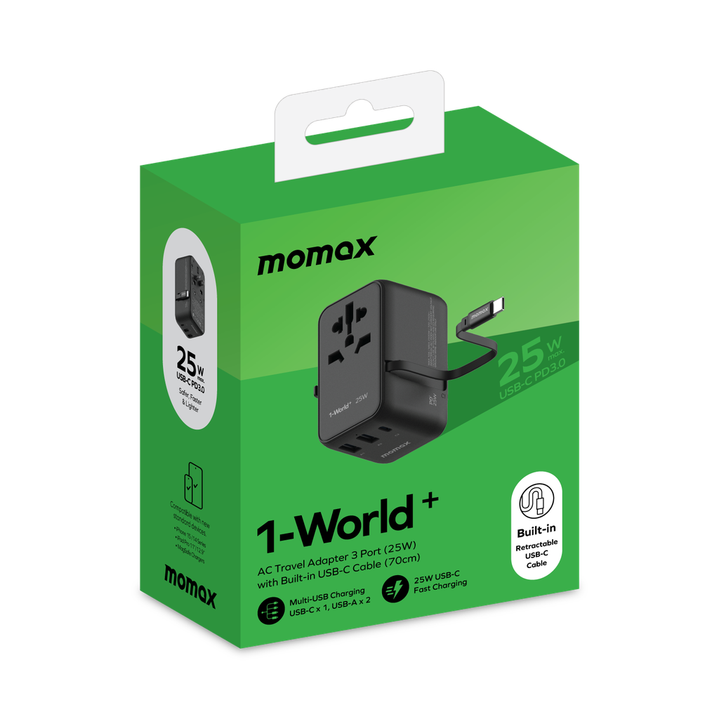 MOMAX 1-WORLD 25W 3 PORT WITH BUILT-IN USB-C CABLE AC TRAVEL ADAPTOR