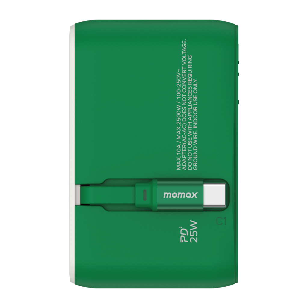 MOMAX 1-WORLD 25W 3 PORT WITH BUILT-IN USB-C CABLE AC TRAVEL ADAPTOR