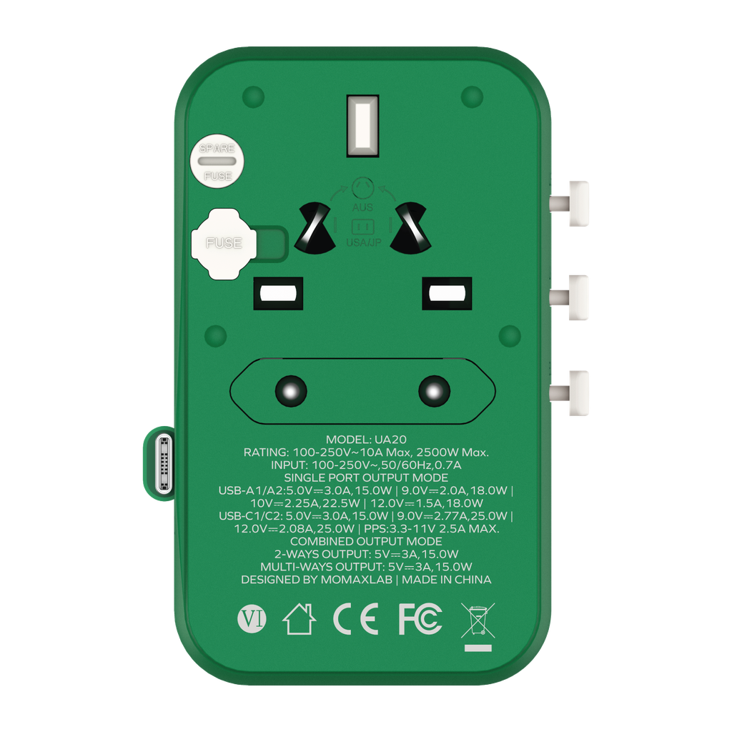 MOMAX 1-WORLD 25W 3 PORT WITH BUILT-IN USB-C CABLE AC TRAVEL ADAPTOR