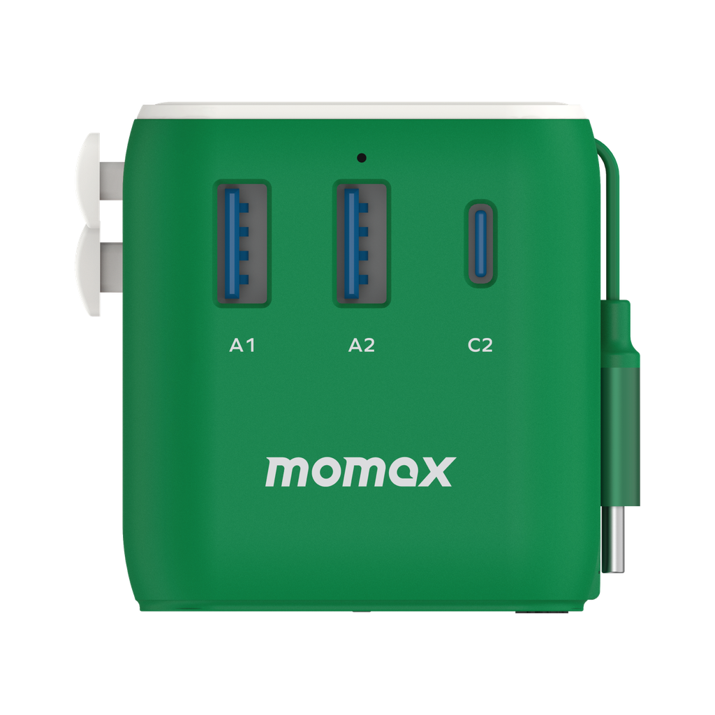 MOMAX 1-WORLD 25W 3 PORT WITH BUILT-IN USB-C CABLE AC TRAVEL ADAPTOR