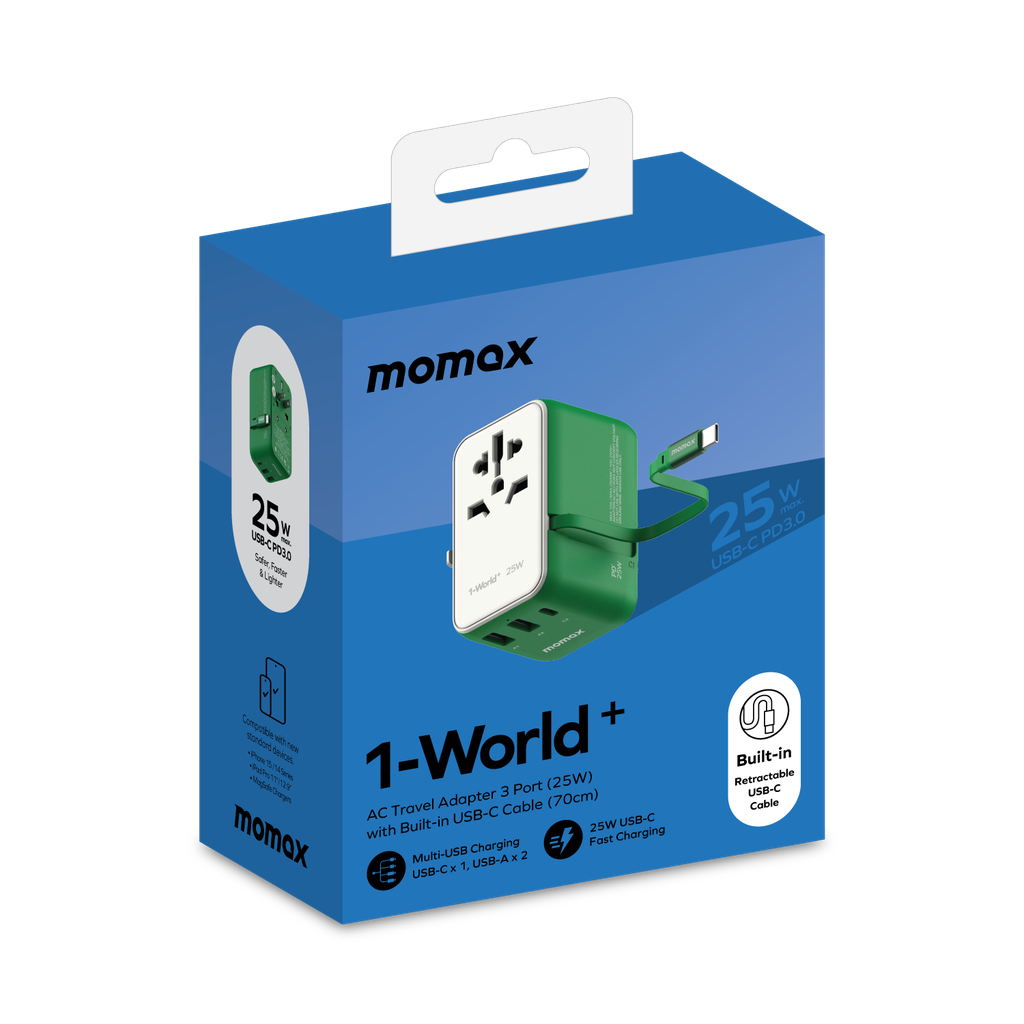 MOMAX 1-WORLD 25W 3 PORT WITH BUILT-IN USB-C CABLE AC TRAVEL ADAPTOR