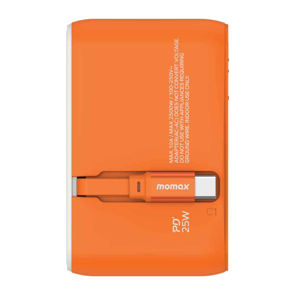 MOMAX 1-WORLD 25W 3 PORT WITH BUILT-IN USB-C CABLE AC TRAVEL ADAPTOR