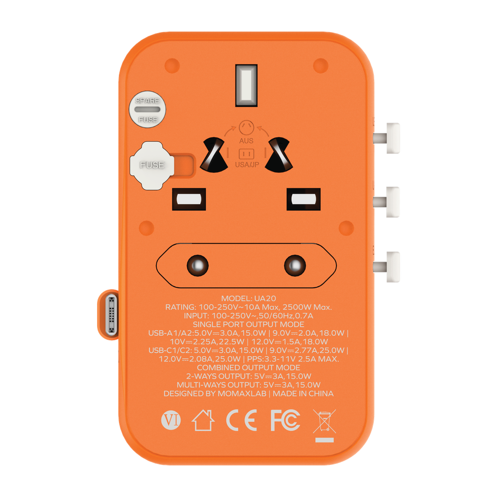 MOMAX 1-WORLD 25W 3 PORT WITH BUILT-IN USB-C CABLE AC TRAVEL ADAPTOR