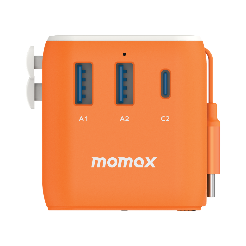 MOMAX 1-WORLD 25W 3 PORT WITH BUILT-IN USB-C CABLE AC TRAVEL ADAPTOR