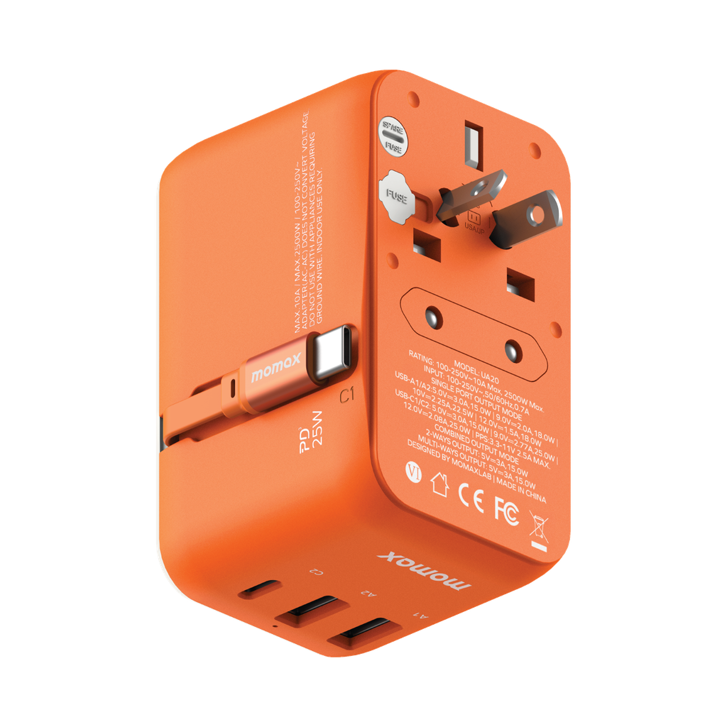 MOMAX 1-WORLD 25W 3 PORT WITH BUILT-IN USB-C CABLE AC TRAVEL ADAPTOR
