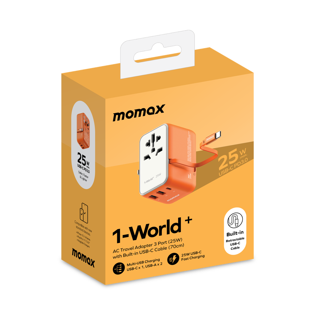 MOMAX 1-WORLD 25W 3 PORT WITH BUILT-IN USB-C CABLE AC TRAVEL ADAPTOR