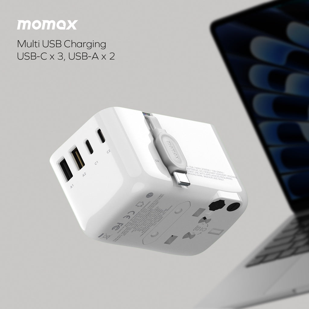 MOMAX 1-WORLD FLOW 35W 4 PORT WITH BUILT-IN USB-C CABLE TRAVEL ADAPTOR (Whte)