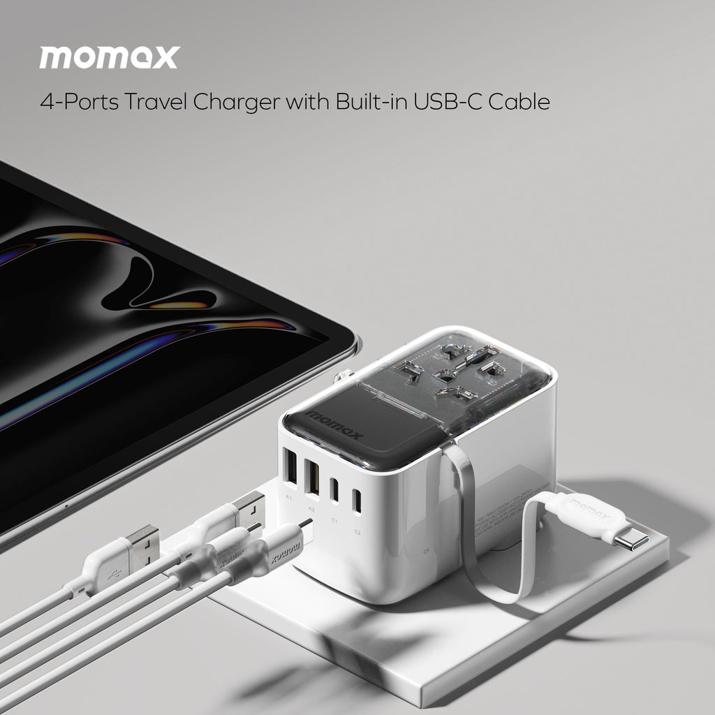 MOMAX 1-WORLD FLOW 35W 4 PORT WITH BUILT-IN USB-C CABLE TRAVEL ADAPTOR (Whte)