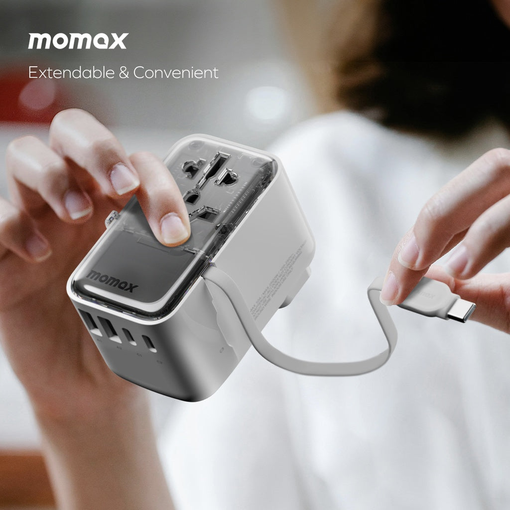 MOMAX 1-WORLD FLOW 35W 4 PORT WITH BUILT-IN USB-C CABLE TRAVEL ADAPTOR (Whte)