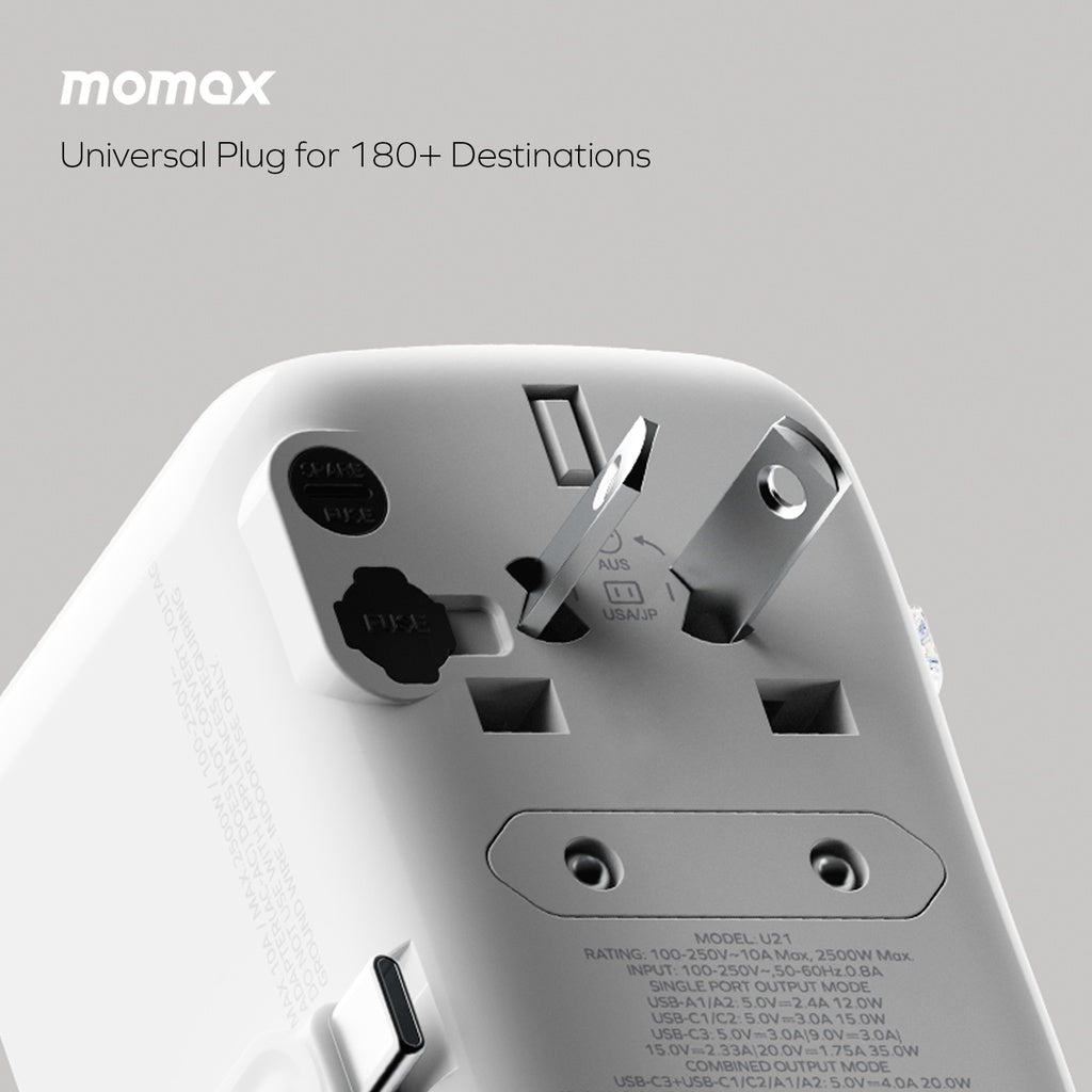 MOMAX 1-WORLD FLOW 35W 4 PORT WITH BUILT-IN USB-C CABLE TRAVEL ADAPTOR (Whte)