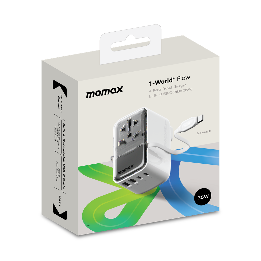 MOMAX 1-WORLD FLOW 35W 4 PORT WITH BUILT-IN USB-C CABLE TRAVEL ADAPTOR (Whte)