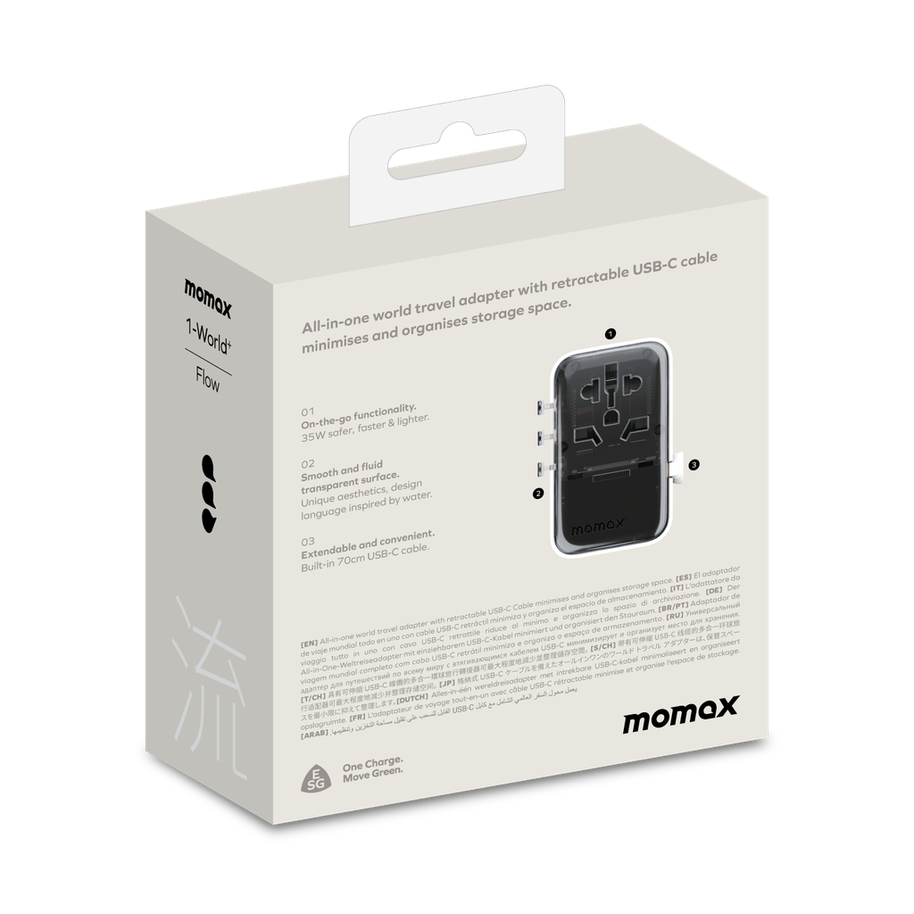 MOMAX 1-WORLD FLOW 35W 4 PORT WITH BUILT-IN USB-C CABLE TRAVEL ADAPTOR (Whte)