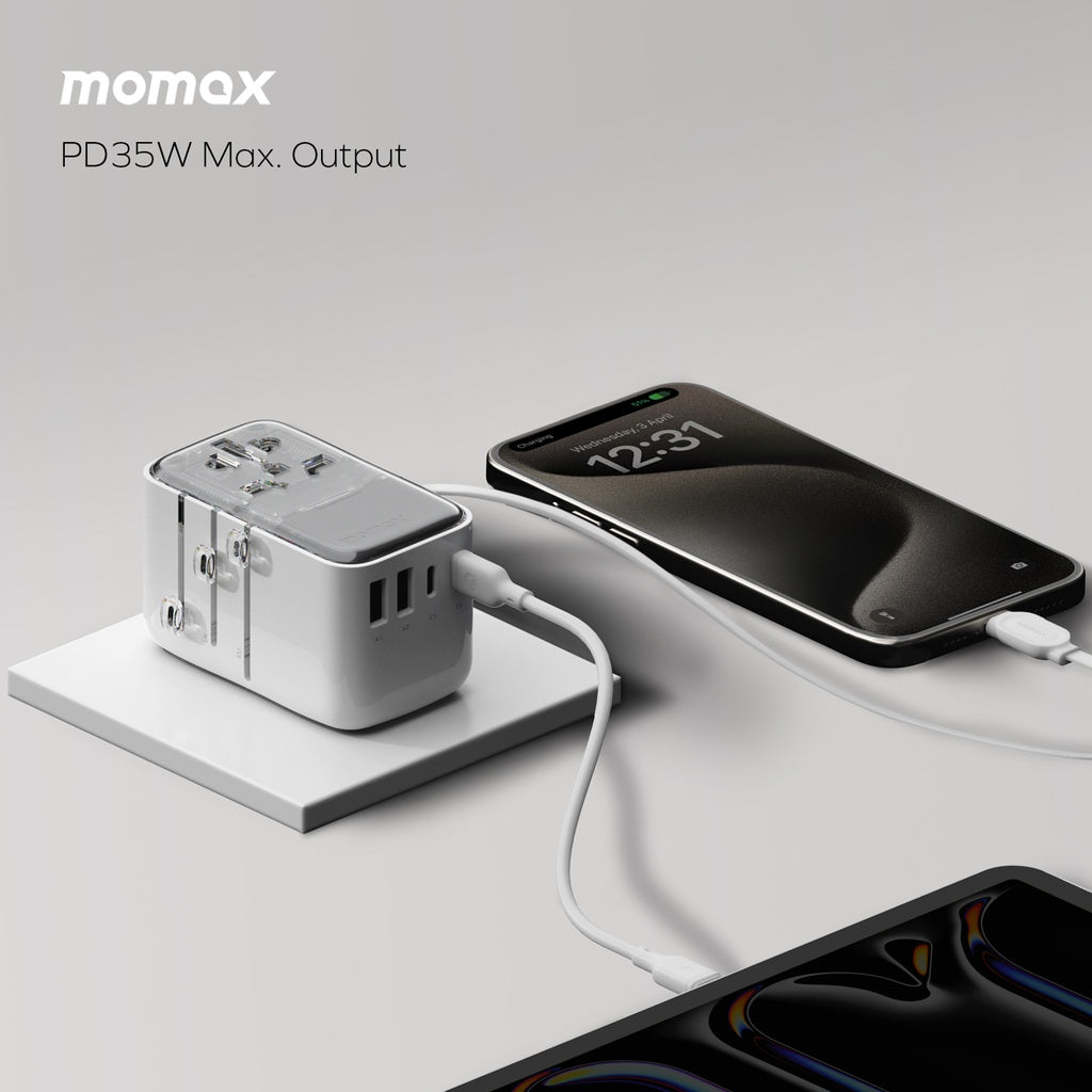MOMAX 1-WORLD FLOW 35W 4 PORT WITH BUILT-IN USB-C CABLE TRAVEL ADAPTOR (Whte)