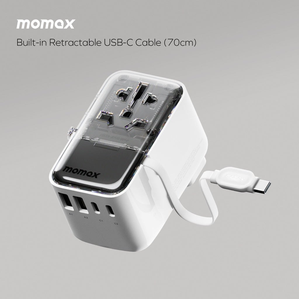 MOMAX 1-WORLD FLOW 35W 4 PORT WITH BUILT-IN USB-C CABLE TRAVEL ADAPTOR (Whte)