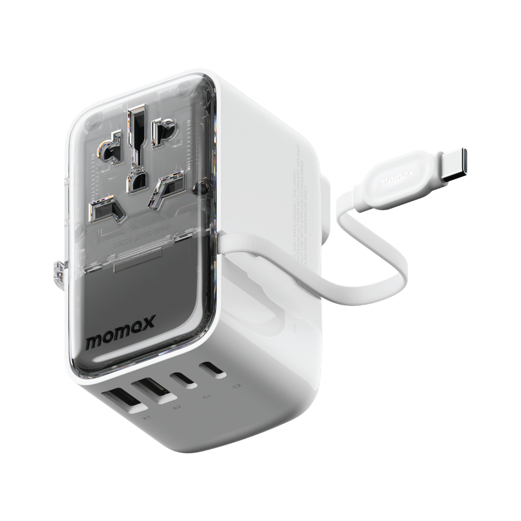 MOMAX 1-WORLD FLOW 35W 4 PORT WITH BUILT-IN USB-C CABLE TRAVEL ADAPTOR (Whte)