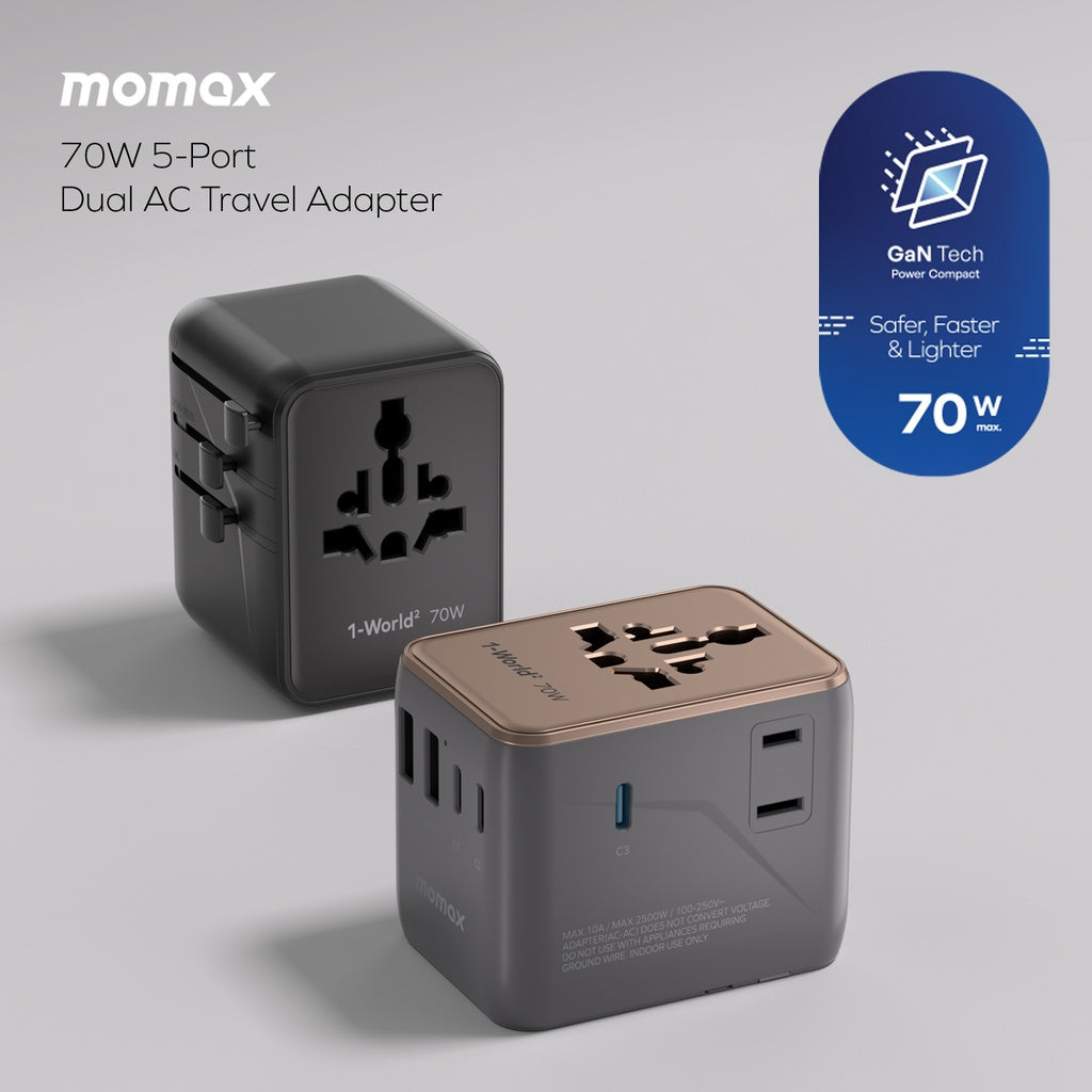 MOMAX 1-WORLD2 GAN 70W 5-PORT USB-C AC TRAVEL ADAPTOR