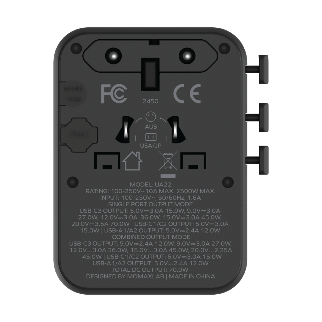 MOMAX 1-WORLD2 GAN 70W 5-PORT USB-C AC TRAVEL ADAPTOR