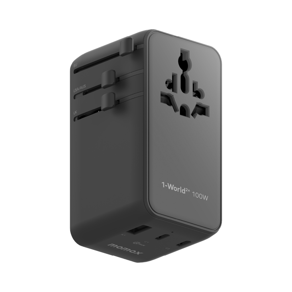 MOMAX 1-WORLD2+ 100W 4 PORT DUAL AC TRAVEL ADAPTOR WITH BUILT-IN CABLE