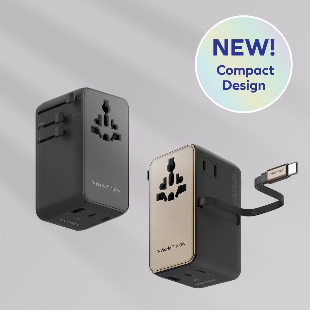 MOMAX 1-WORLD2+ 100W 4 PORT DUAL AC TRAVEL ADAPTOR WITH BUILT-IN CABLE