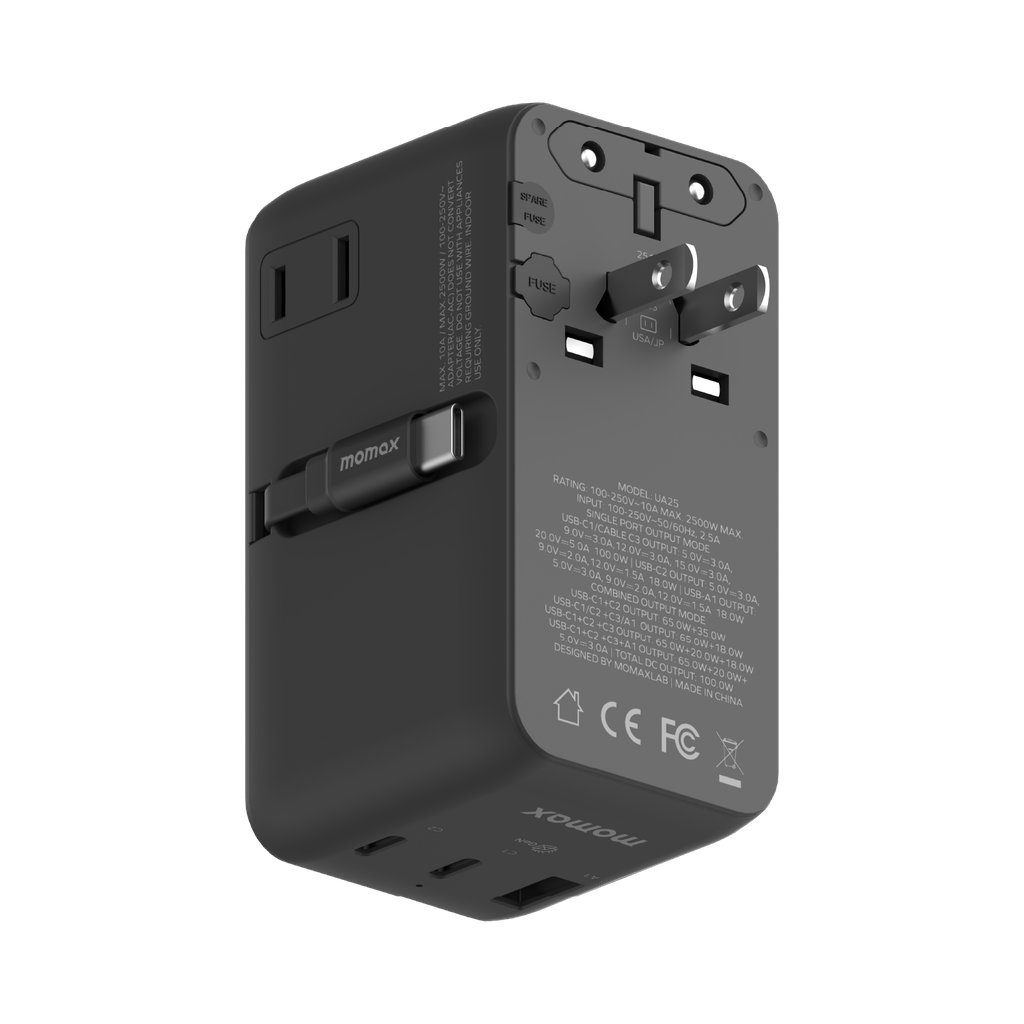 MOMAX 1-WORLD2+ 100W 4 PORT DUAL AC TRAVEL ADAPTOR WITH BUILT-IN CABLE