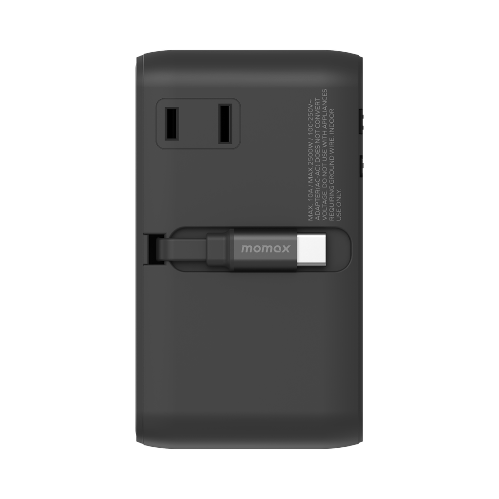 MOMAX 1-WORLD2+ 100W 4 PORT DUAL AC TRAVEL ADAPTOR WITH BUILT-IN CABLE