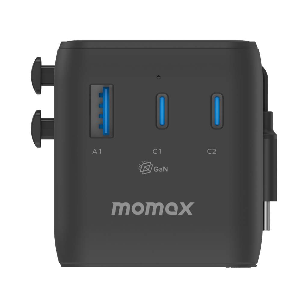 MOMAX 1-WORLD2+ 100W 4 PORT DUAL AC TRAVEL ADAPTOR WITH BUILT-IN CABLE