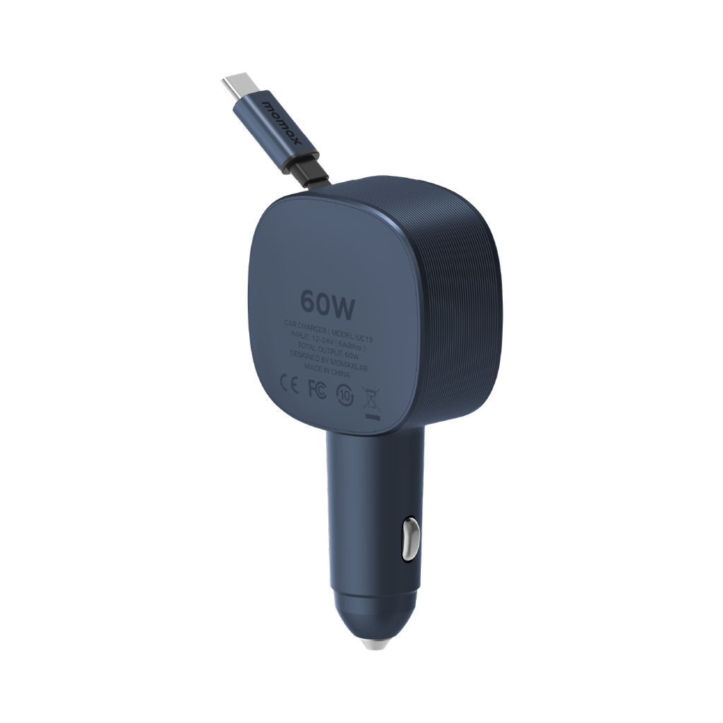 MOMAX 1-MOVE+ 60W 2-PORT CAR CHARGER WITH BUILT-IN RETRACTABLE CABLE