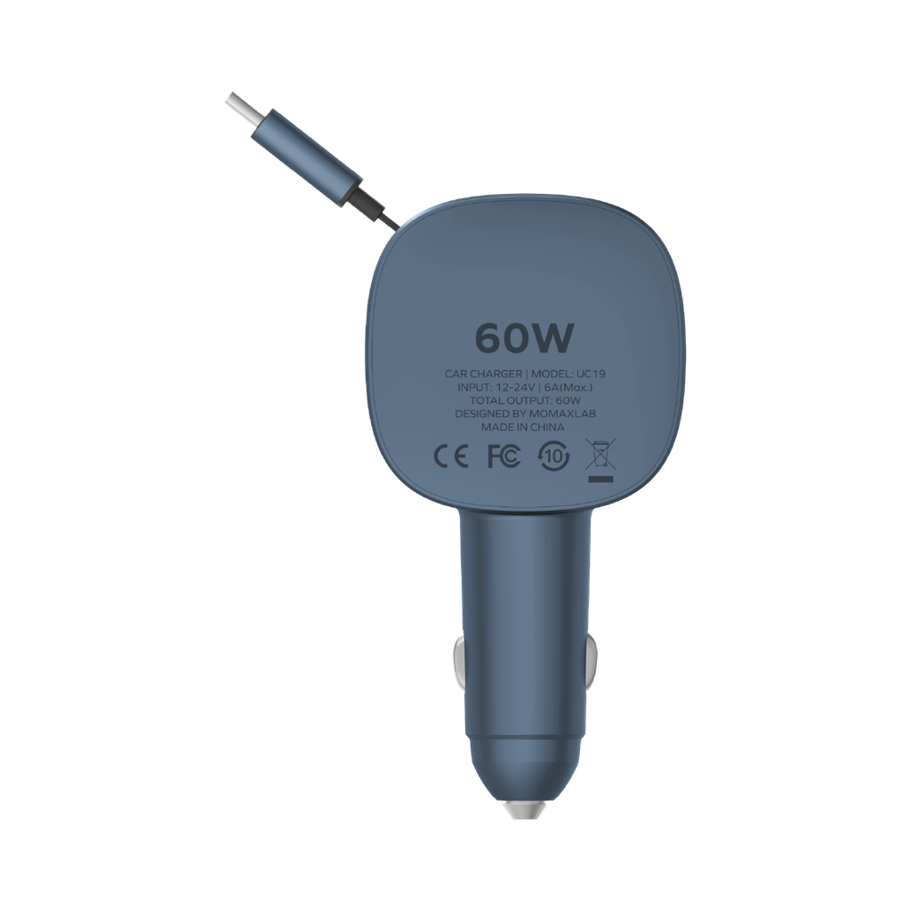 MOMAX 1-MOVE+ 60W 2-PORT CAR CHARGER WITH BUILT-IN RETRACTABLE CABLE
