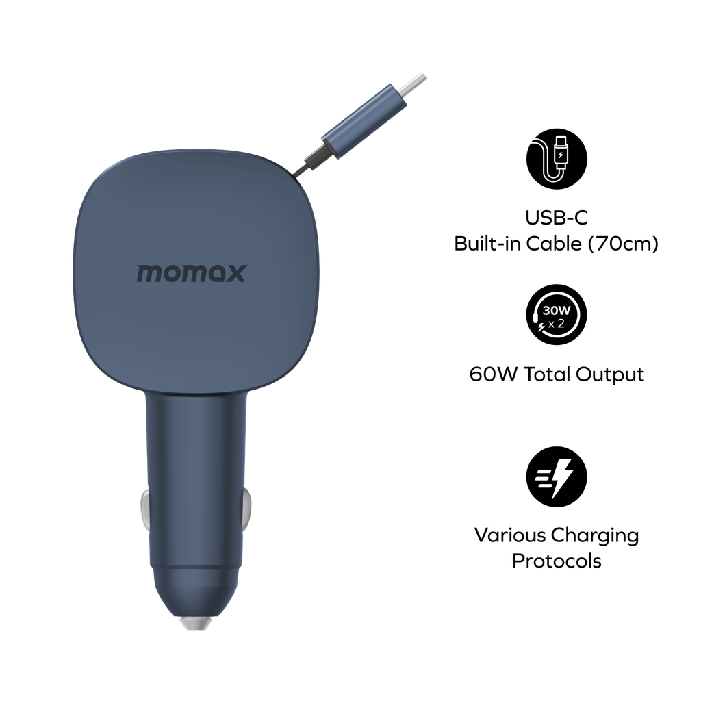 MOMAX 1-MOVE+ 60W 2-PORT CAR CHARGER WITH BUILT-IN RETRACTABLE CABLE