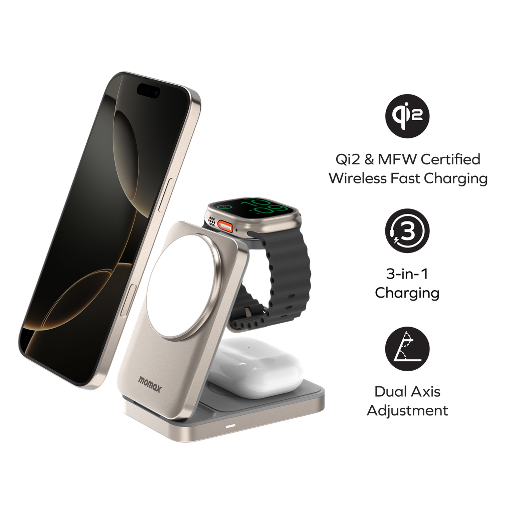MOMAX 1-CHARGE Q.PORT Qi 2 15W 3IN1 MAGNETIC WIRELESS CHARGING STAND