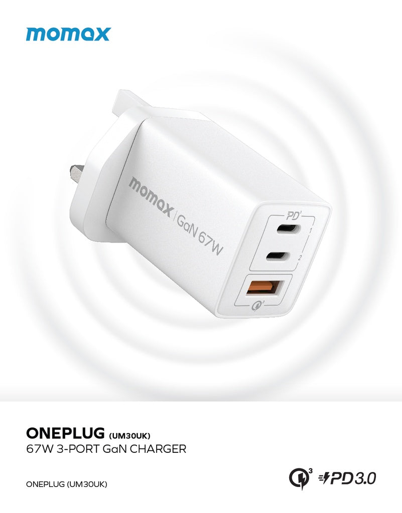 MOMAX ONEPLUG 67W 3 PORT GAN WALL CHARGER