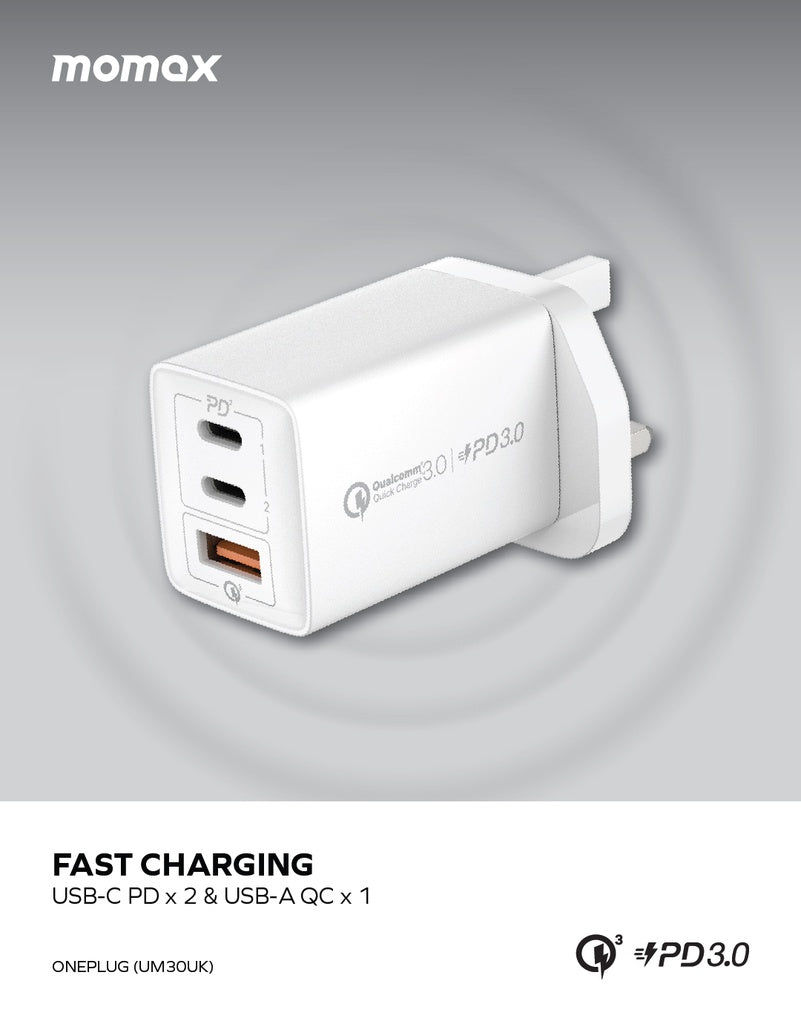 MOMAX ONEPLUG 67W 3 PORT GAN WALL CHARGER